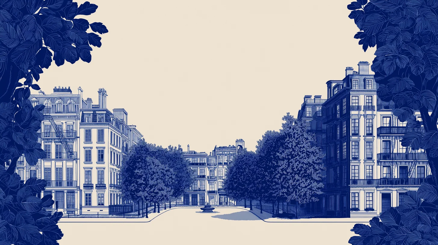 Toile de jouy style illustration of a tree-lined city block of apartment buildings around a quiet square
